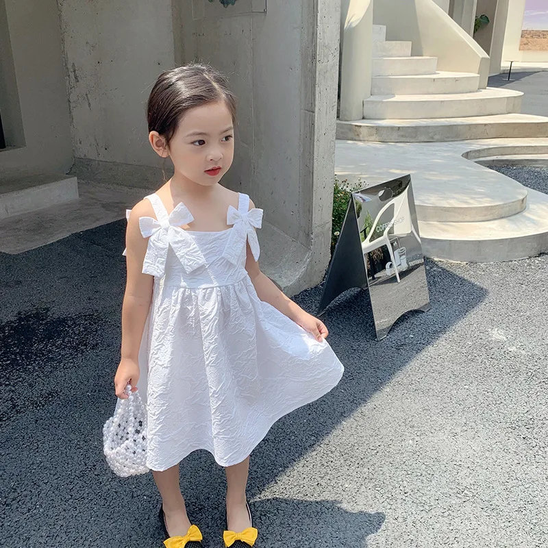 Summer Children Girls  White Suspender  Dress Baby Girl Bow  Sling Princess Dress