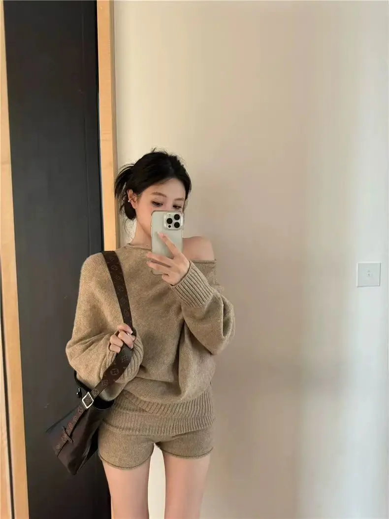 Korejpaa Elegant Sweater Short Sets Women Autumn Winter Slanted Shoulder Knitted Sweaters High Waist Shorts Two Piece Set