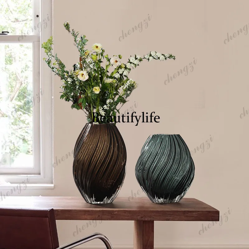 Light luxury brown spiral irregular twist hydroponic glass vase modern home decoration flower ware
