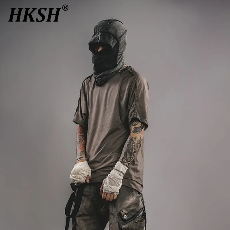 HKSH Men's Tide Punk Vintage Waste Land Spliced Edging Drop Shoulder Bat Sleeve Summer New Trend Casual Short Sleeve Tees HK1247