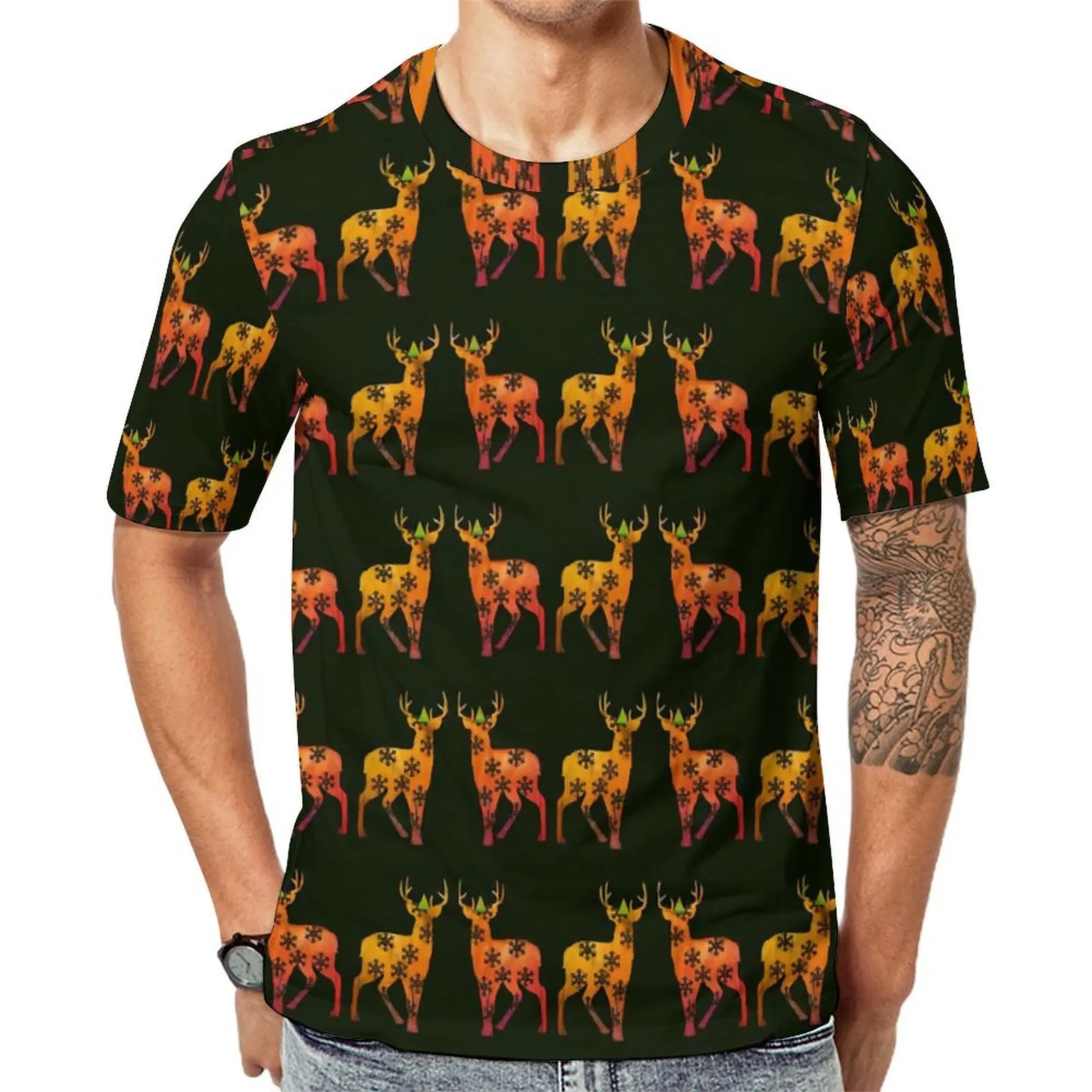 Cute Deer Print T Shirt For Man Merry Christmas Custom O Neck T-Shirts Retro Clothes Short Sleeve Streetwear Oversized Tee Shirt