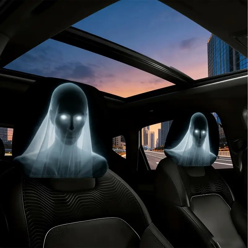 Universal Elastic Car Headrest Covers 2Pcs Horror Halloween Face Print Dustproof Protector for All Car Models Holiday Decor