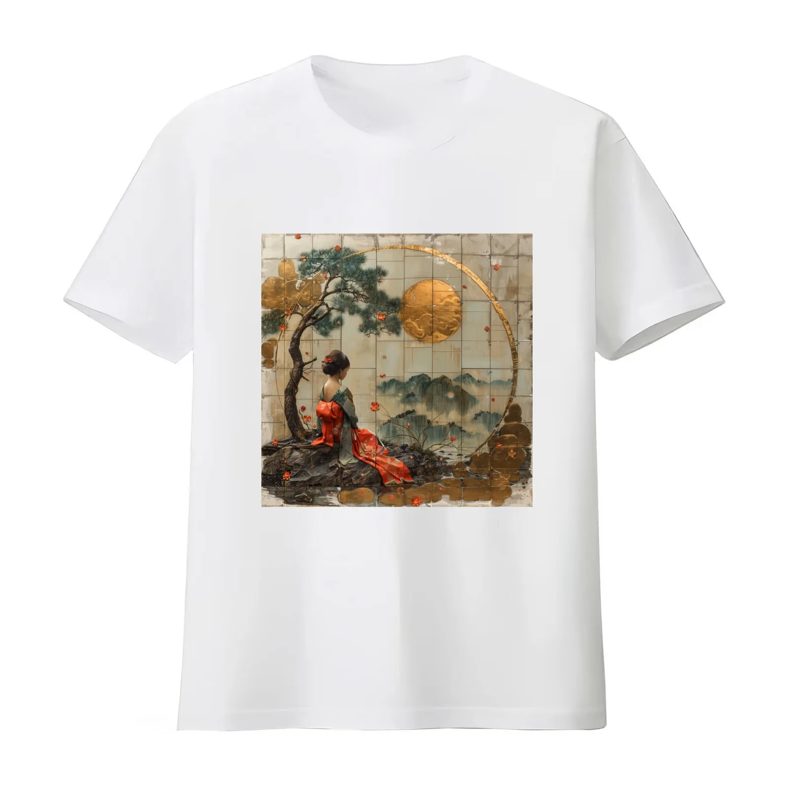 Kintsugi Scenery T-Shirt Summer Casual Cotton Tee Oversized Streetwear Tops Vintage Graphic Print Loose Fit Short Sleeve