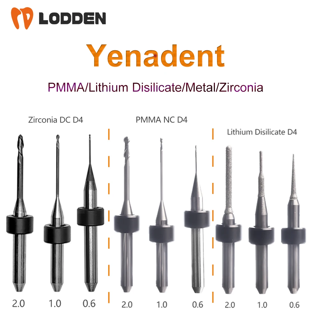 Yenadent Dental Milling Burs Grinding Zirconia/Lithium Disilicate/PMMA/Metal D4 Shank 0.6/1.0/2.0mm Dental Grinding Tool