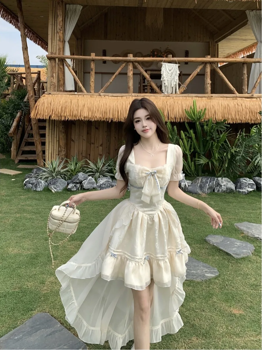 

plus Size Sweet Square Neck Short Sleeve Dress Detachable Princess Style Design Slimming Waist High Waist Summer New Arrival