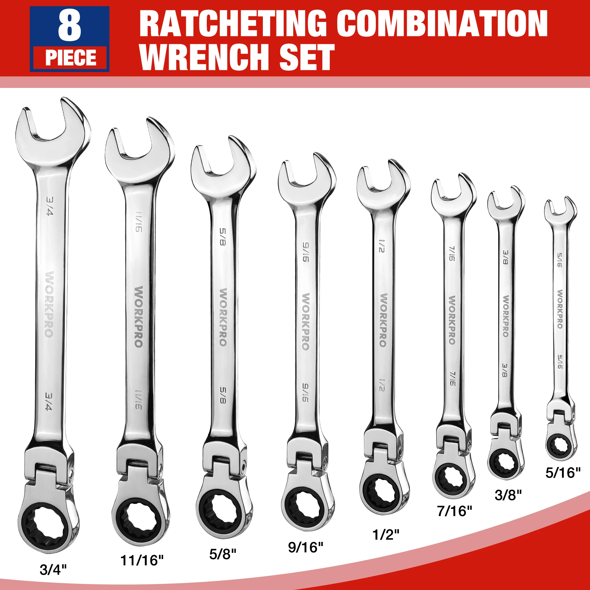 WORKPRO 8-Piece Ratcheting Wrench Set Metric 8-17mm 180° Flex-Head 72-Tooth Cr-V Steel Polished Finish Roll-Up Pouch Auto Repair Home DIY