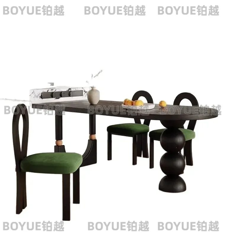 French Retro Solid Wood Oval Dining Table Black Medium Size Vintage Style Small Apartment Living Room Furniture Home Decor