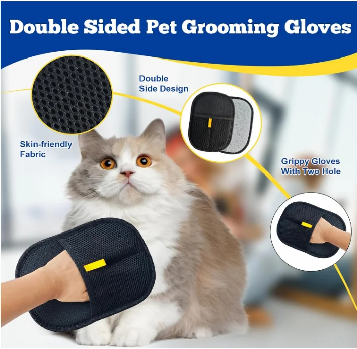 Pet Grooming Glove Brush Bidirectional Bristles Self‑Collect Loose Fur Reusable Hand‑Held Mitt for Dogs Cats Daily Grooming