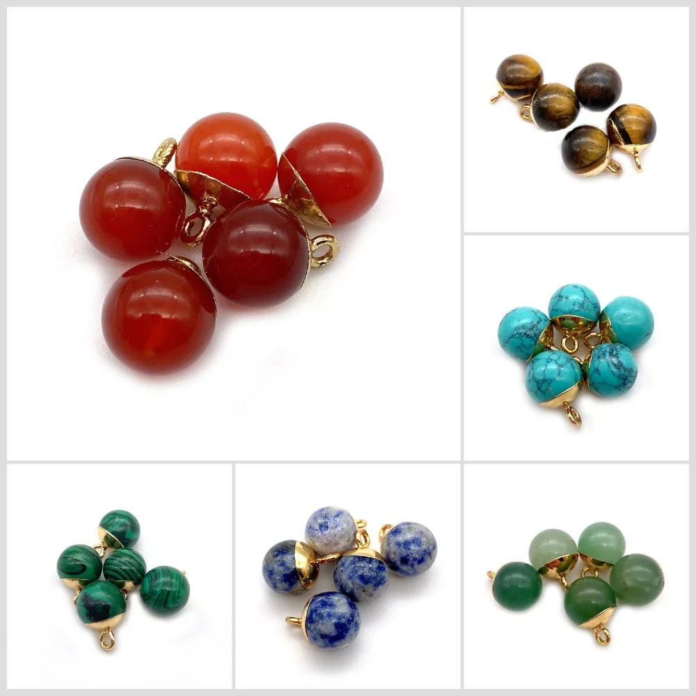 1pc Spherical Natural Stone Red Agate Green Aventurine Pendant Half-plated Gold-edged Single-hole DIY Necklace Earring Accessory