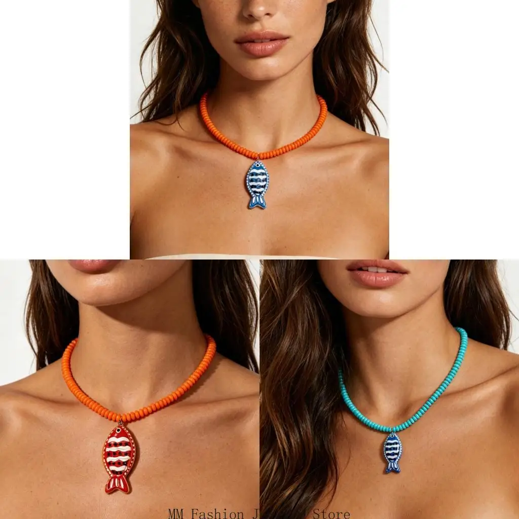 Beaded Pendant Necklace with Fish Design, Adjustable Extender Chain for Daily Wear and Social Occasions D0UB