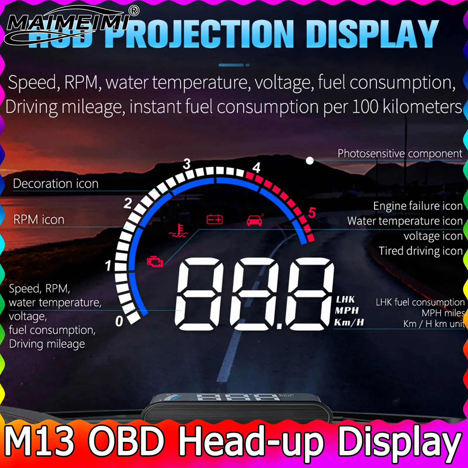 

Windshield Projector M13 Head Up Display OBD2 HUD With KMH Speed RPM Water Temperature Voltage Fuel Consumptio Electronics