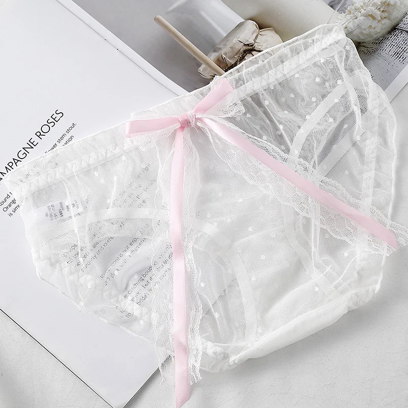 Mesh Transparent Sexy Lace Bow Thin Breathable Women\'s Underwear High Elasticity Japanese Style Cute Lovely Sweety Panties