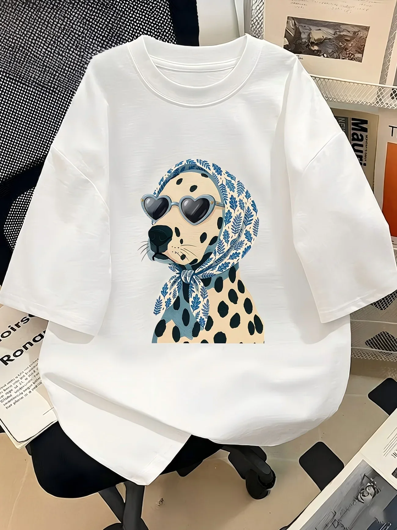 Funny Leopard TShirt Sunglass Dog Graphic Tee Animal with Headscarf Top Trendy Pet Lover Apparel Summer Casual Streetwear Cheap