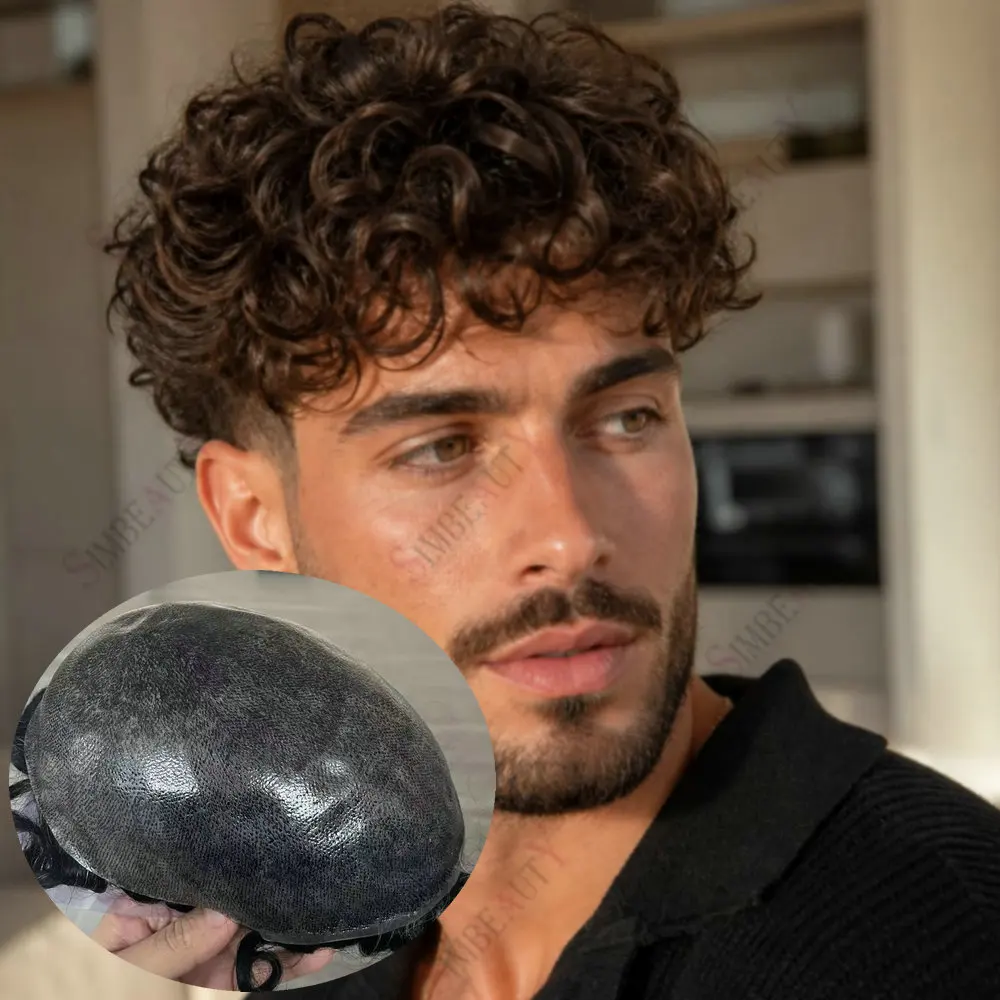 26mm Curly Men's Toupee Human Hair Micro Skin PU Men Capillary Prosthesis Natural Hairline Durable Male Hair Replacement Sytem