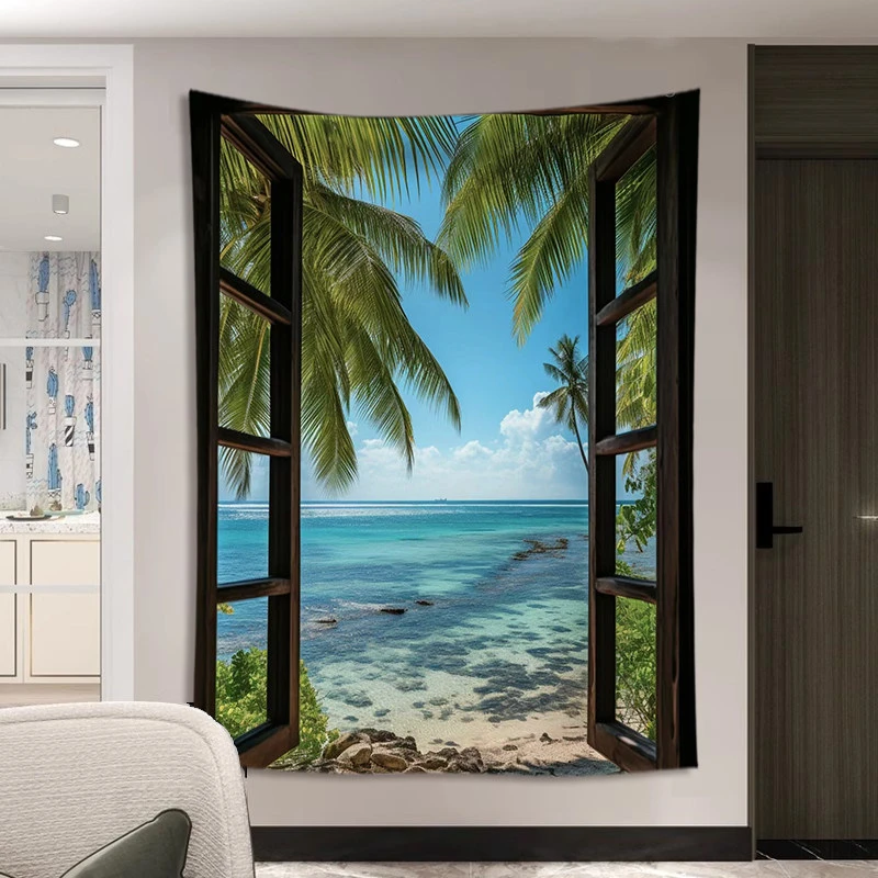 VIKAMA Window View Beach Tapestry Tropical Ocean Wall Hanging for Bedroom Living Room Dorm Vacation Aesthetic Home Decor