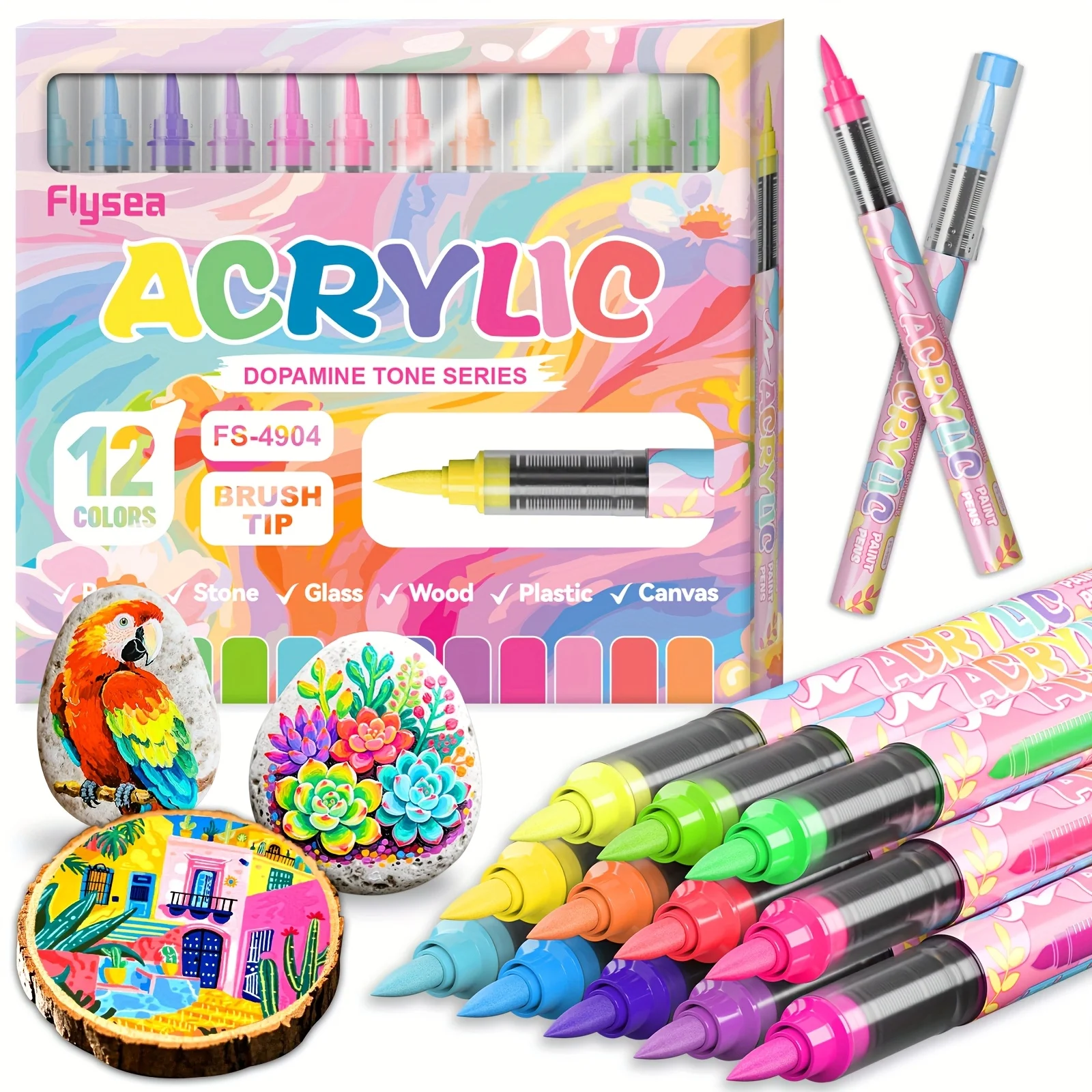 

12 Colors Acrylic Paint Markers,Vibrant Color,Soft Brush Tip Water Based, Fine Tip Markers for Wood,Canvas,Rock Painting,Glass