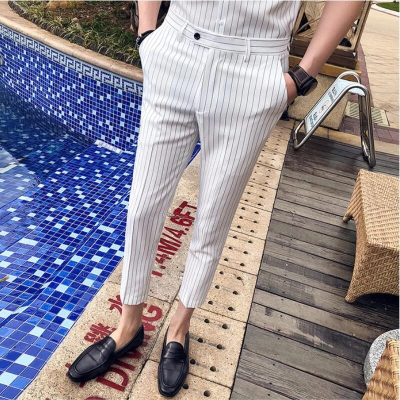 2023 Men Stripe Pants Slim Fit Midwaist Trousers Classic Vintage Check Suit Male Wedding Pants Men Business Formal Trousers 35