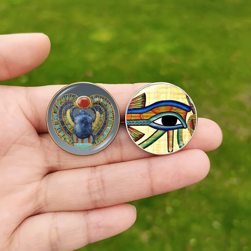 Alfileres de solapa de Scarab egipcio Vintage para hombres, broche de amuleto hecho a mano, foto de vidrio, Ojo de Horus, Pin de bolsa de regalo
