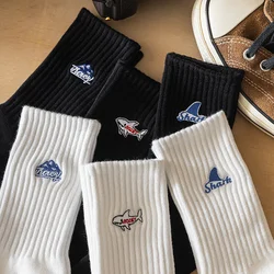 2pairs/lot Men's Sport Tube Socks All-match Animal Shark Fashion Cartoon Embroidery Solid Color Skateboard Creative Stockings