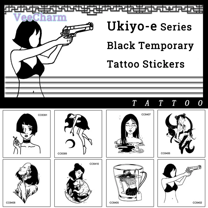 VeeCharm - Erotic Ukiyo-e Temporary Tattoo Stickers, Japanese, Black Line Art, Seductive & Bad Girl Style, Body Art, 15/16 P/Set