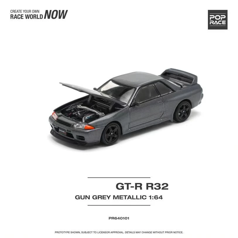 PreSale Pop Race 1:64 Skyline GTR R32 Gun Grey Openable Hood Diecast Diorama Car Model