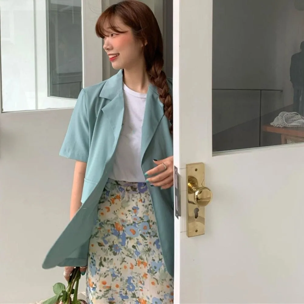 V-neck Short Sleeve Suit Simple Thin Large Size Business Style Suit Coat Flip Collar Candy Color Women's Suit Top Spring Summer