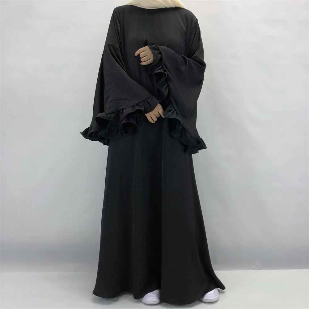 Дубай Flowy Abaya большой рукав с оборками Исламская одежда мусульманское женское на молнии Макси платье с расклешенными манжетами скромная блестящая мягкая бархатная атласная ткань