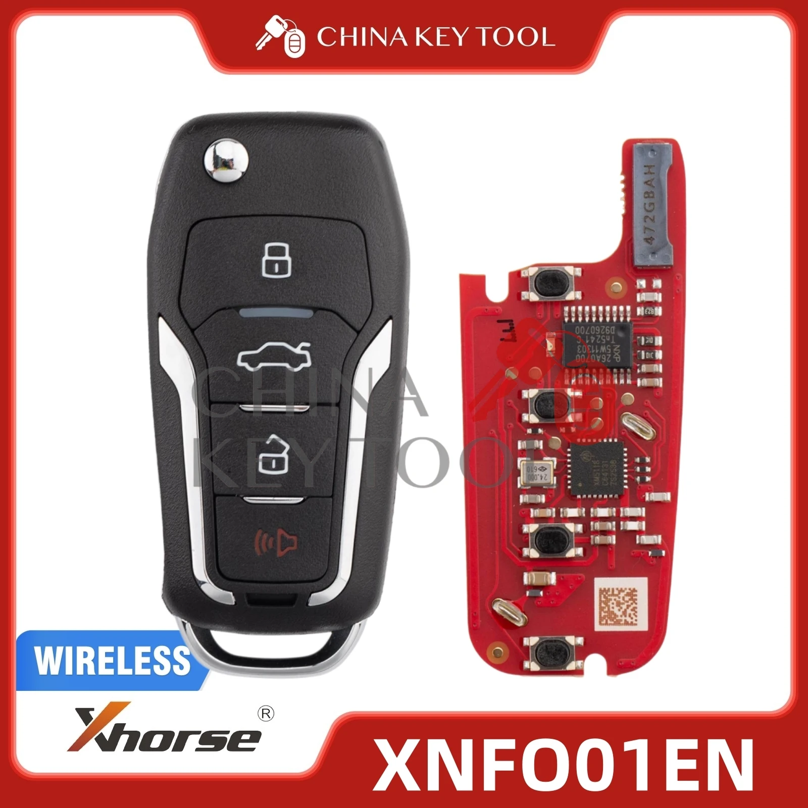 Original Xhorse XNFO01EN Wireless Universal Remote Key 4 Buttons Built-in Transponder for VVDI2 / Mini Key Tool (FD Style)