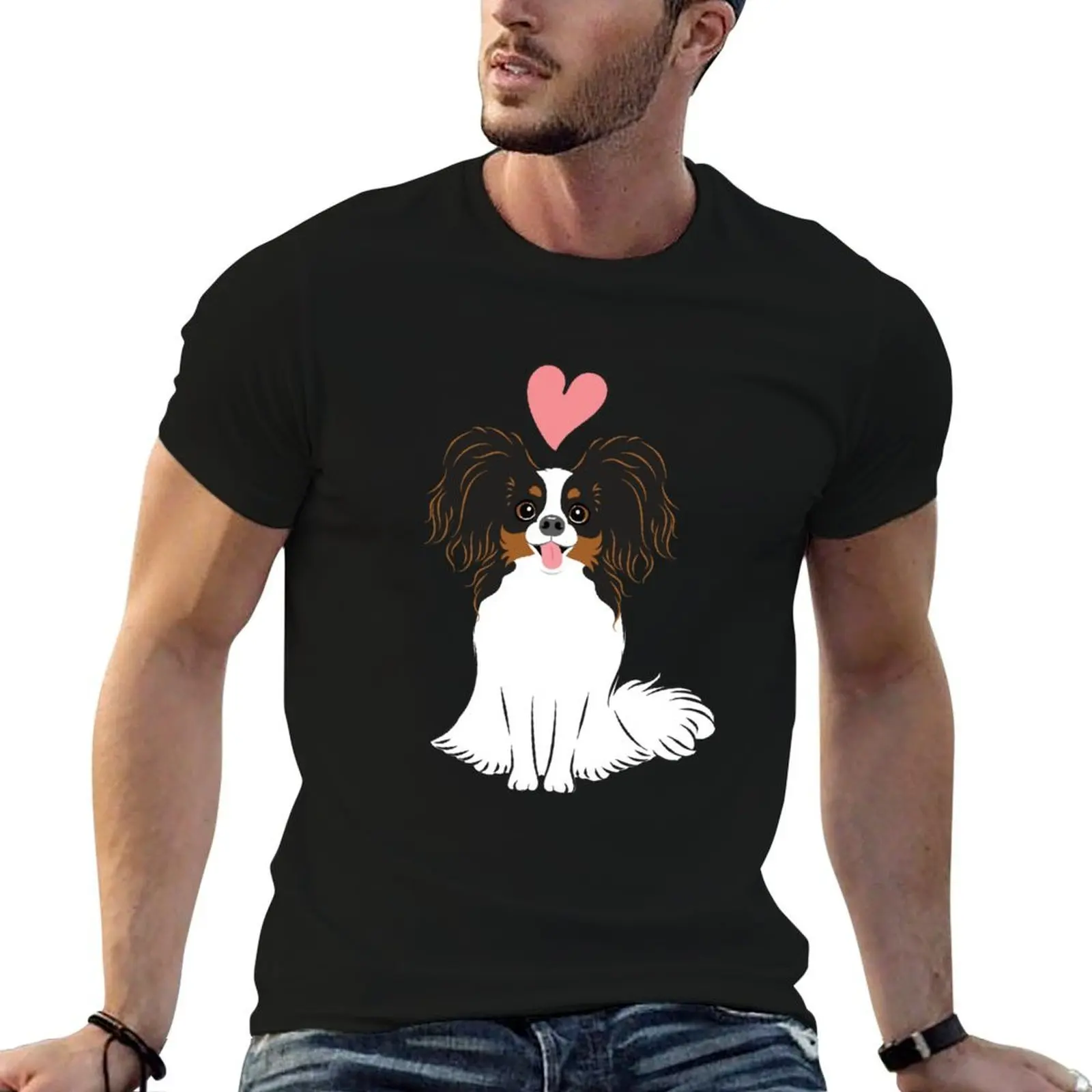 LOVE Tri Color Papillon Dog T-Shirt custom t shirt valentines clothes plain white t shirts men