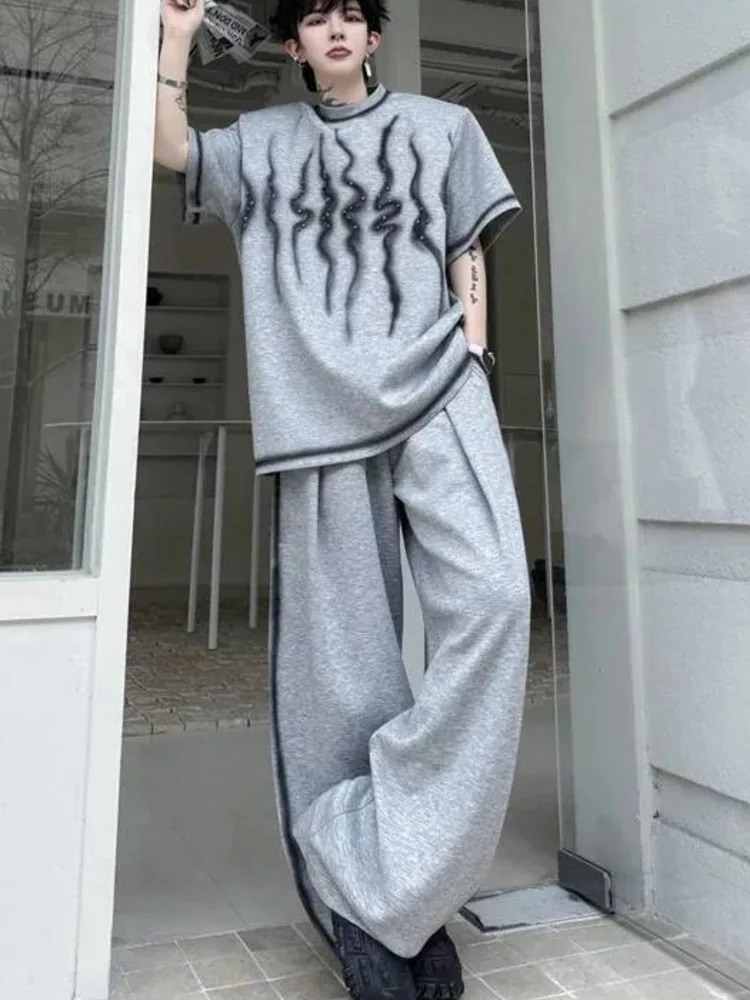 Piece Men's Two Set Summer New Loose Casual Flame Print Spray Washed Short Sleeve T-shirt And Outfit Wide Leg Pants GWXN