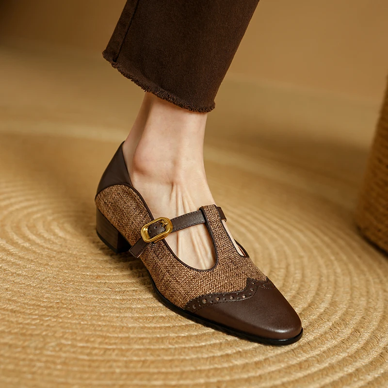 2025 New Women Dress Shoes Thick Heels T-Strap Shoes Genuine Leather Shallow Square Toe Pumps Ankle Strap Ladies Shoes Office