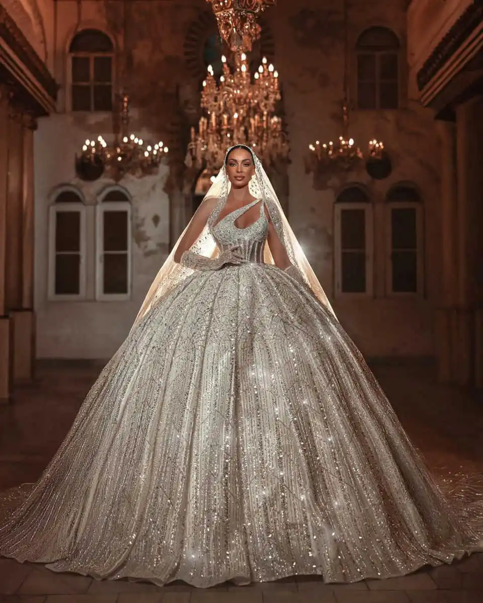 Gorgeous Sequin Beaded Ball Gown Bridal Dress One-Shoulder Backless Cathedral Train Wedding Dress Vestidos Mujer Customized