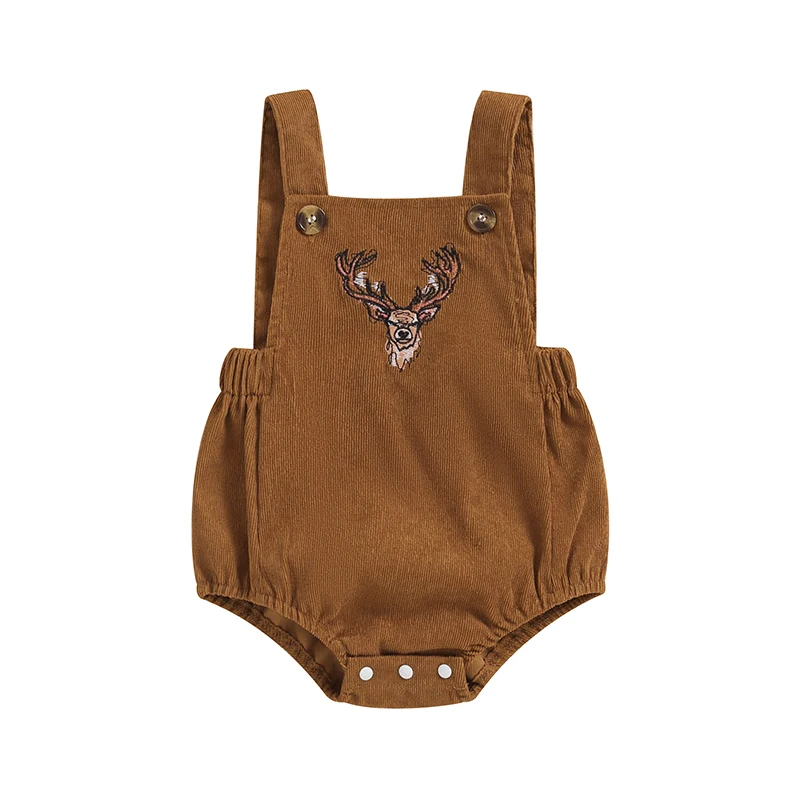 Toddler Baby Boys Girls Corduroy Deer Romper Sleeveless Embroidered Antler Hunting Overalls Clothes