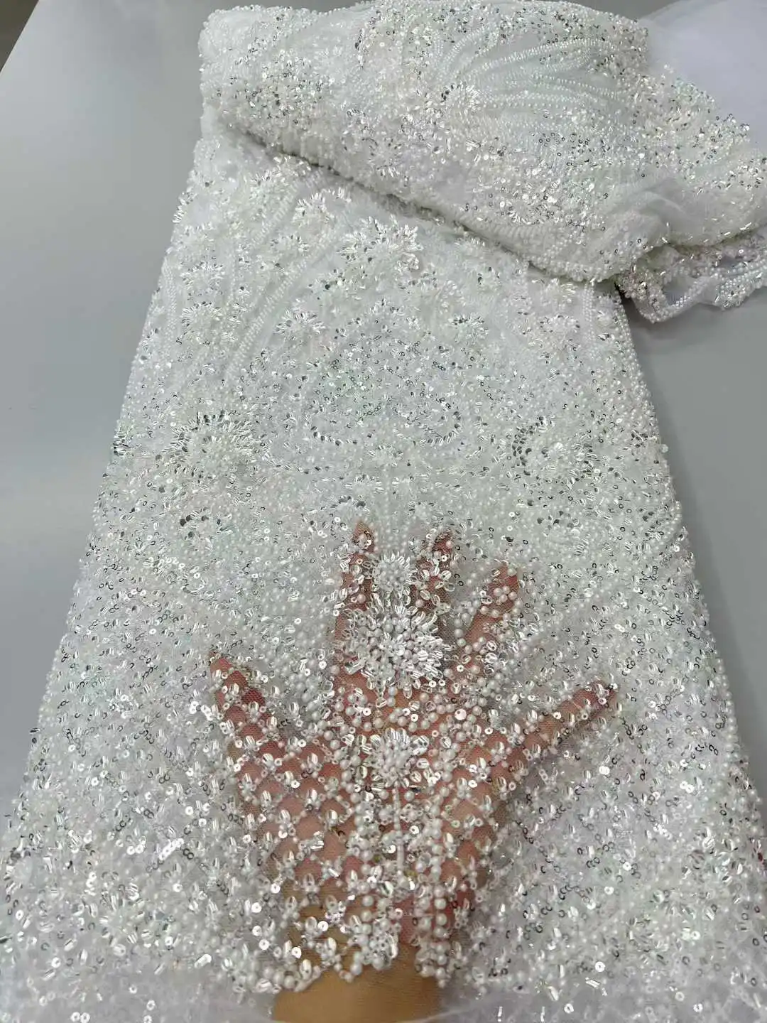 

Африканская тяжелая тюлевая кружевная ткань с бисером, 2025, высокое качество, вышивка блестками, французская нигерийская кружевная ткань для свадебного платья