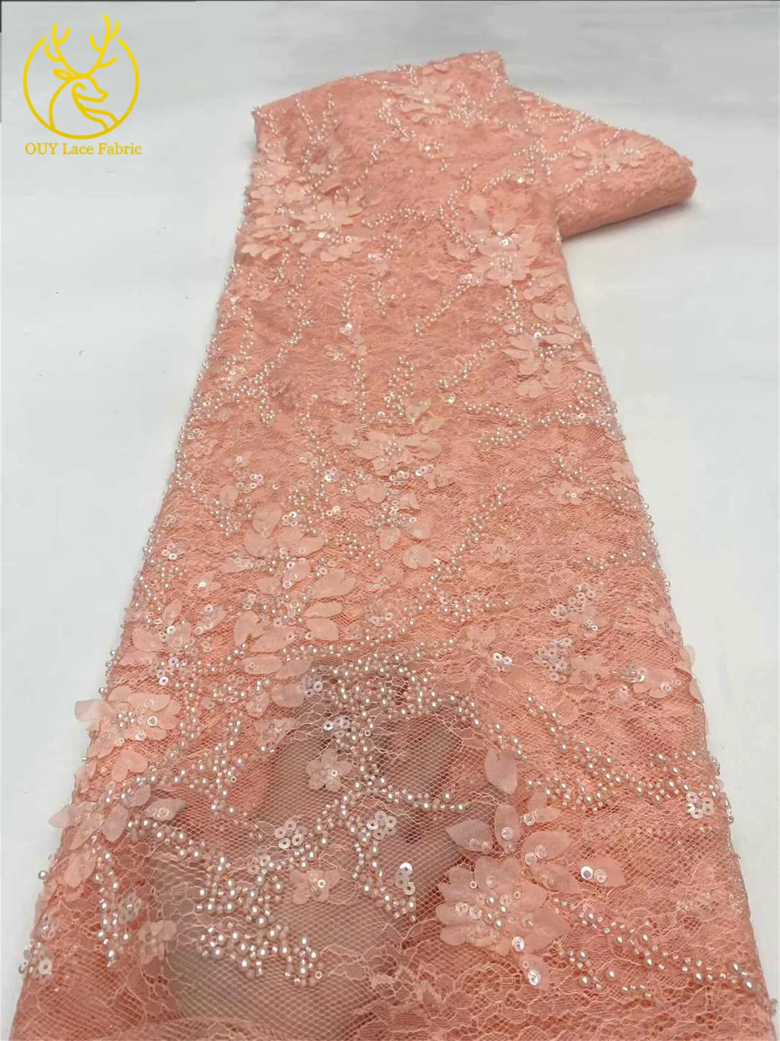 Afrikanischer nigerianischer Bräutigam-Perlen-Spitzenstoff 2026, französisches Netz, 3D-Applikation, Pailletten-Spitzenstoff für Party, Hochzeit, Kleid, Nähen, 5 Yards – Detail 18