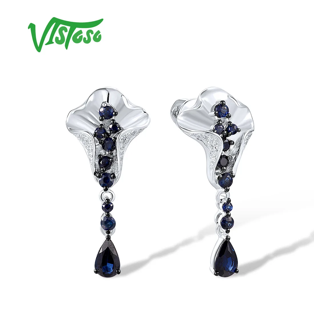 VISTOSO Gold Earrings For Women Pure 14K 585 White Gold Sparkling Diamond  Blue Sapphire Long Drop Stud Earrings Fine Jewelry