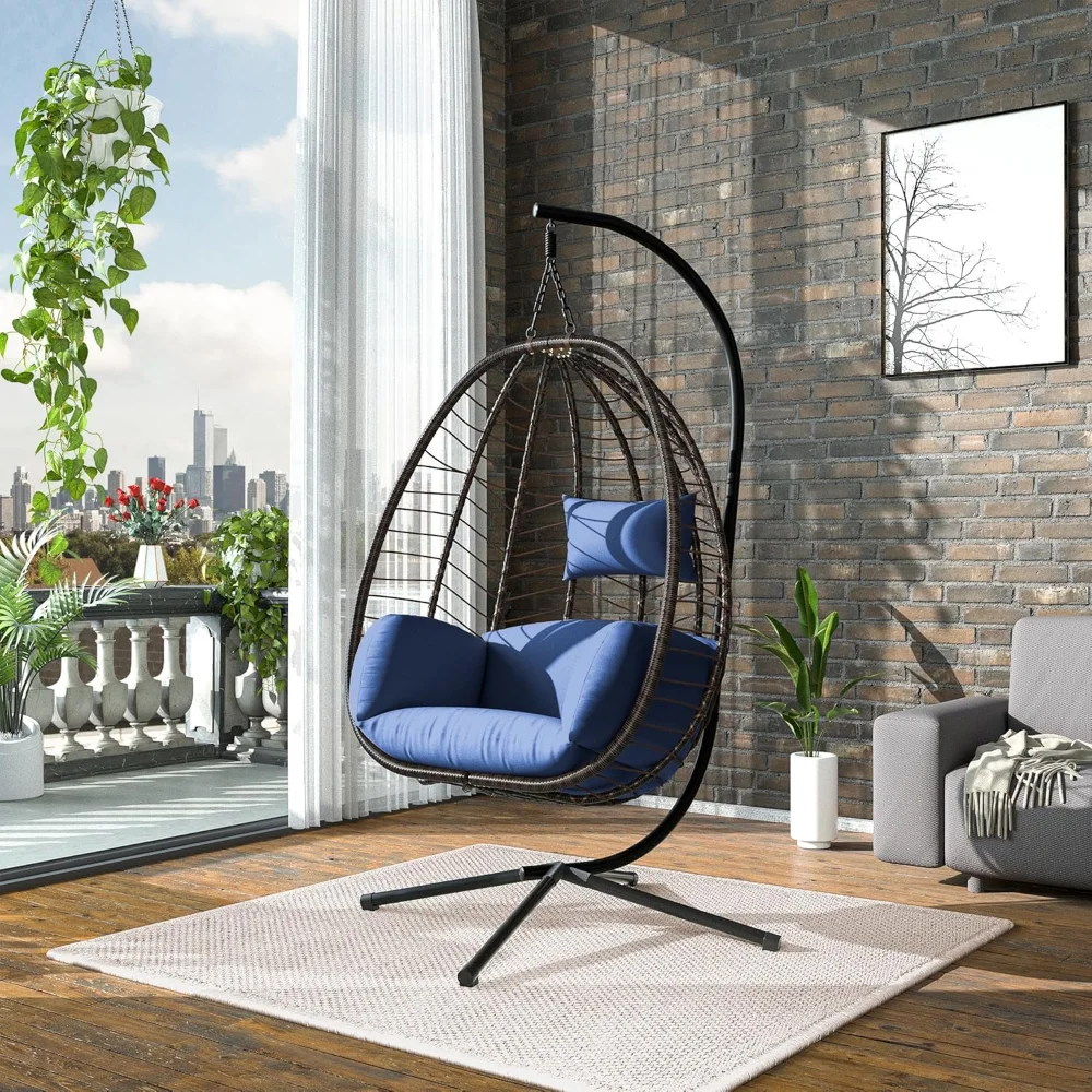 

Swing Egg Chair with Stand UV Resistant Cushion Headrest Indoor Outdoor Patio Rattan Basket Hanging Chair Lounge Hammock Chair
