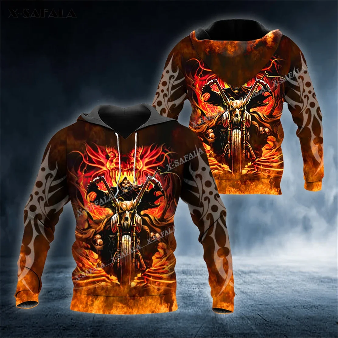 

X-SAFALA Grim Reaper Ghost Rider Fire Skull 3D Print Zipper Hoodie Men Pullover Sweatshirt Hooded Jersey Tracksuits Outwear Coat