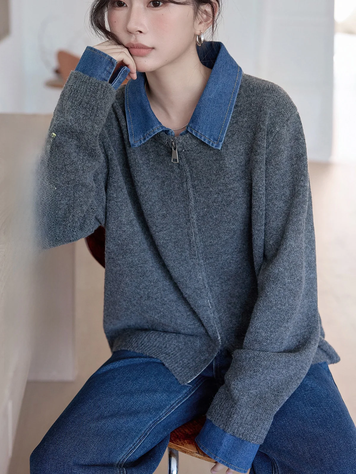 

HuiXi Denim Patchwork Knitwear Women's Double Zipper Open Cardigan Autumn Winter Seasonal Casual Sle Regular Sve Length