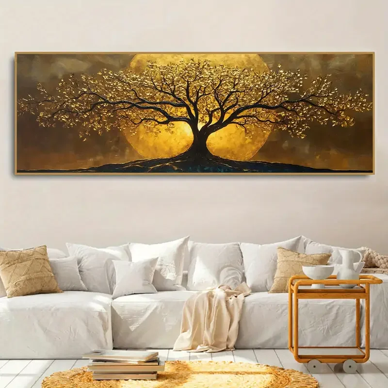 1PC frameless 1pc Enchanting Moonlit Tree Canvas Wall Art - Vibrant Golden Full Moon & Silhouette Landscape, Waterproof & Odorle