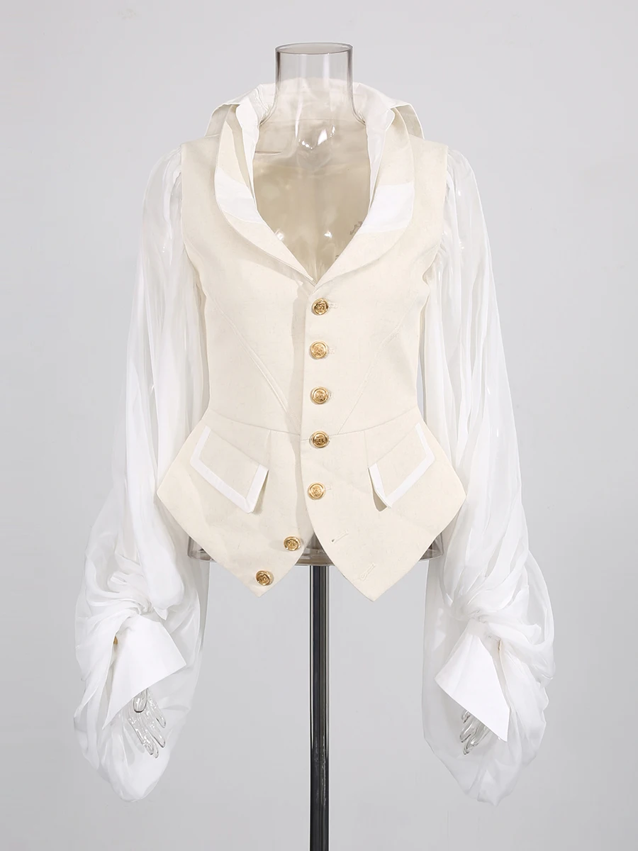 CHICEVER البيج المشمش تقسم أزرار سترة الإناث التلبيب فانوس كم فضفاض فاخر المرأة السترات الخريف موضة نمط جديد #2