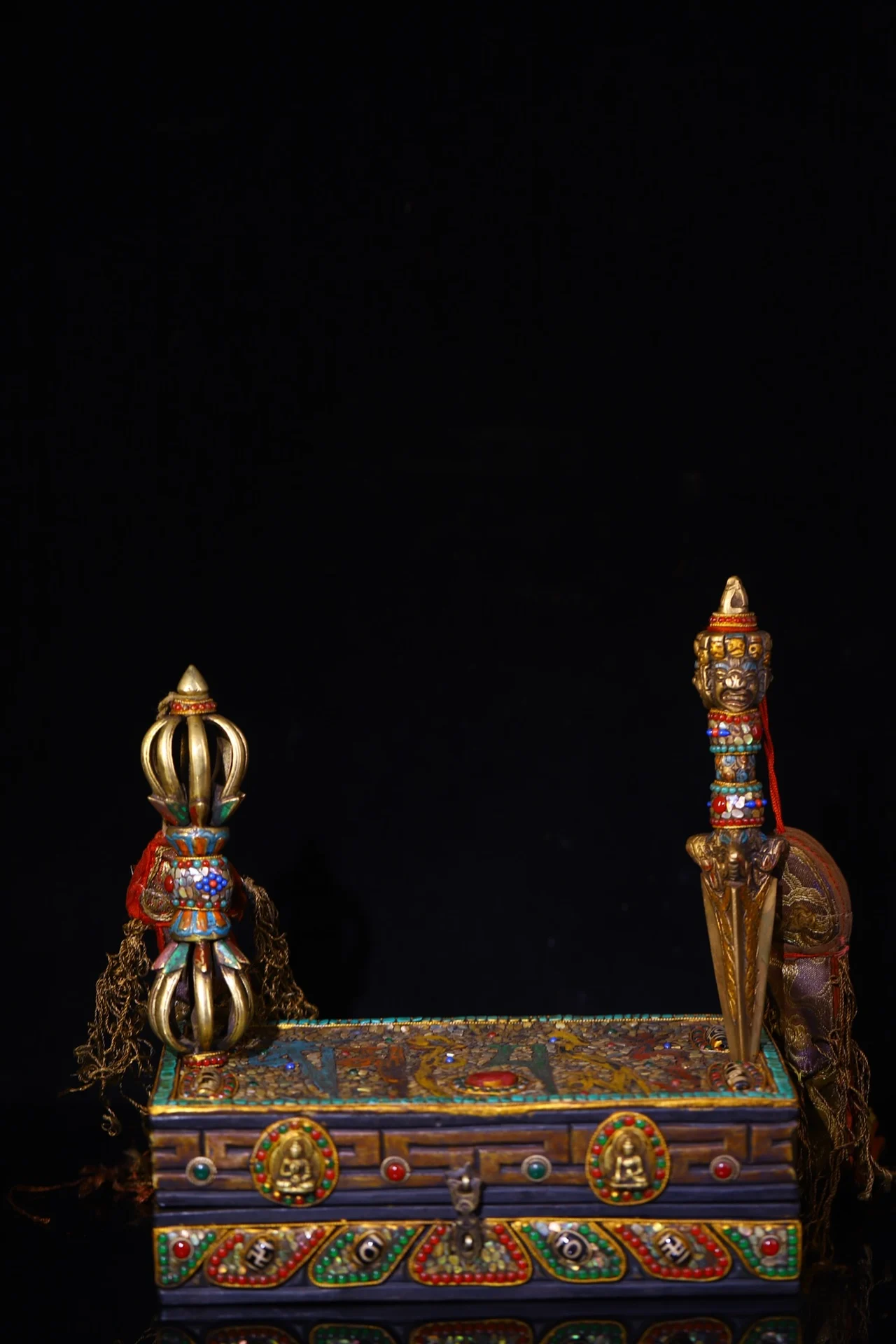 

15"Tibetan Temple Collection Old Bronze Painted Mosaic Gem gZi Beads Shell Hayagriva Buddha Head Vajra Phurpa Box A set