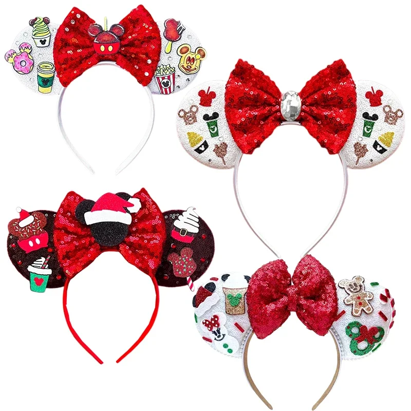 Disney Christmas Ears Hair Bands Baby Mickey Sundae Hair Accessories Kids Sequins Bow Headband Women Minnie Mouse Head Band Girl