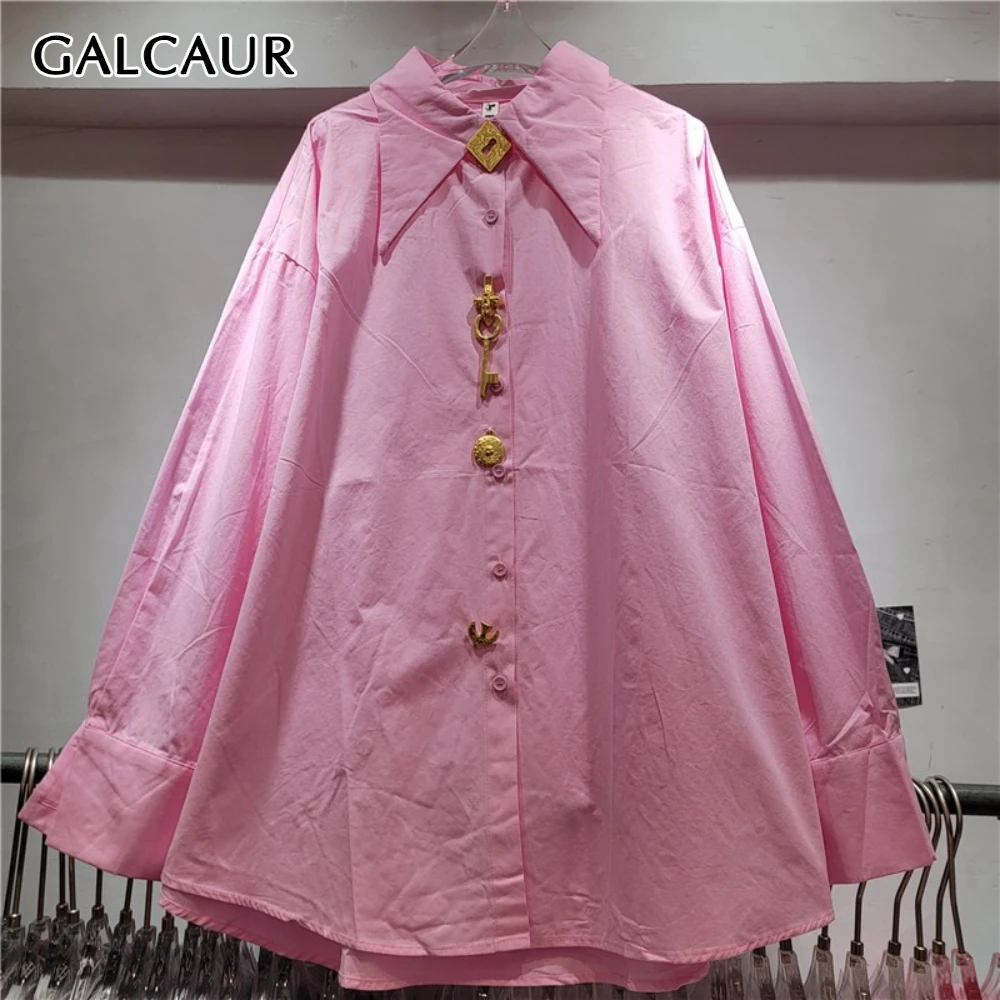 GALCAUR Elegancka koszula damska z guzikami, kołnierzykiem, długim rękawem, luźna, do biura, na dojazdy do pracy, jesienne trendy, nowy styl
