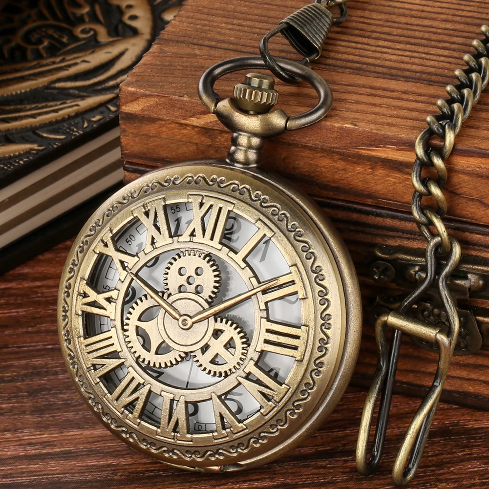Brązowy zegarek kieszonkowy Hollow Gear z cyframi rzymskimi Half Hunter Kwarcowy zegarek kieszonkowy Vintage Prezent Mężczyźni Kobiety Fob Łańcuch Wisiorek Zegar kieszonkowy Mężczyzna