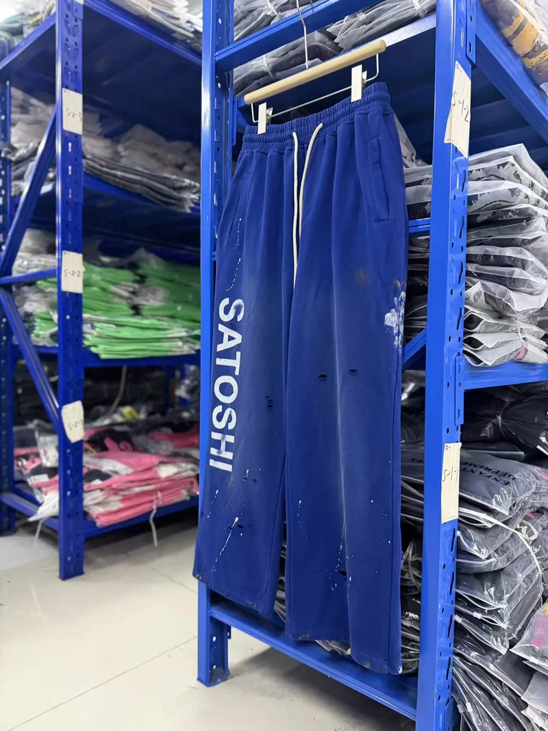 Splashed Ink Hole Damaged Satoshi Nakamoto Sweatpants Men Women Street Washed Loose Drawstring Pants Heavy Terry Cloth Trousers