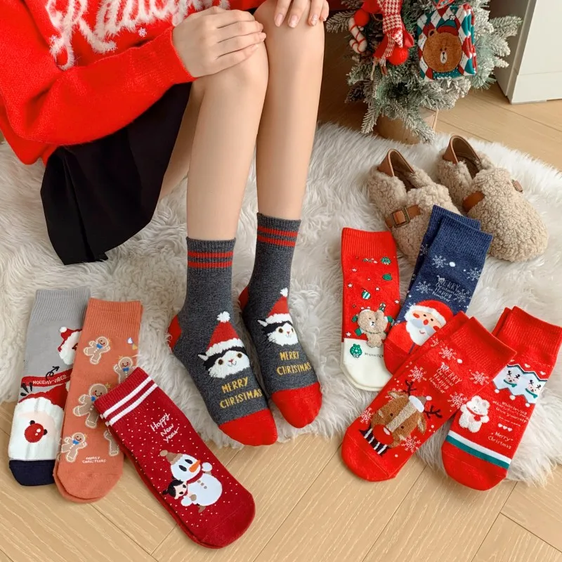 

1 Pairs/set Christmas Socks Women Cotton Cartoon Cute Three-dimensional Ear Halloween Gift Festival Red New Year Long Socks Suit