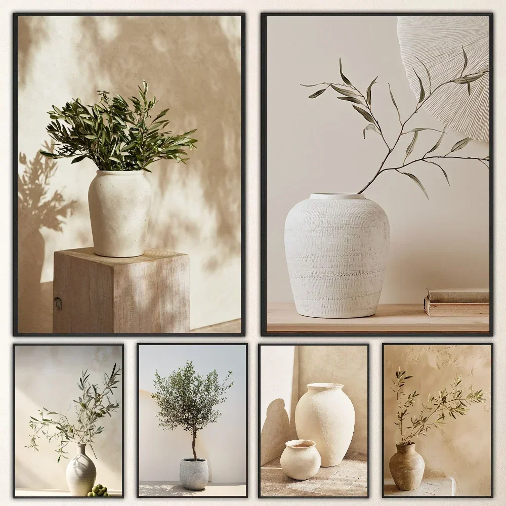 Arte de pared minimalista Vintage, cartel de olivo italiano en jarrón, arte autoadhesivo, pegatina de papel impermeable, decoración de pared, 1 ud.