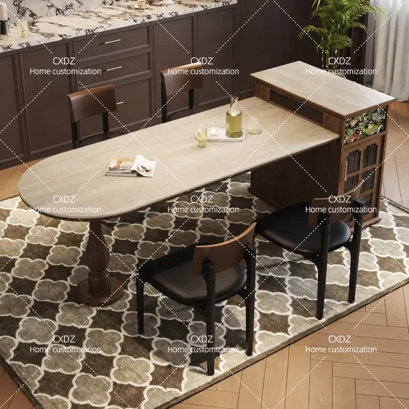 French Medieval Style Travertine Multi-functional Telescopic Island Table with Induction Cooker for Family Kitchen and Dining