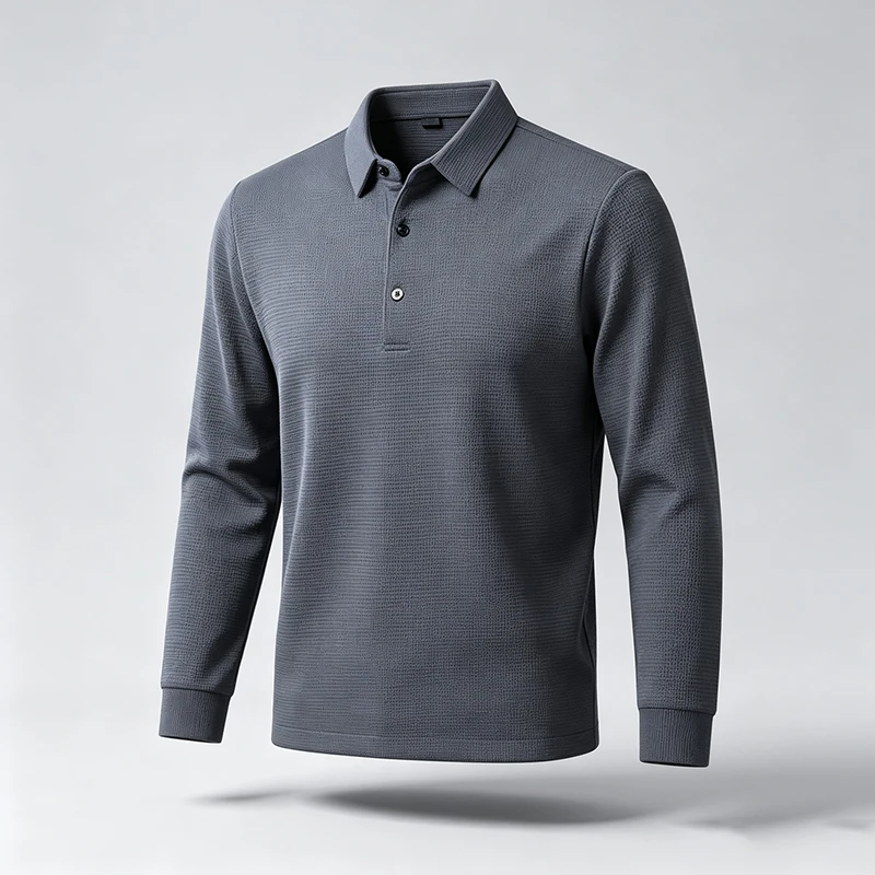 Herren Strukturiertes Waffel-Langarm-Poloshirt, Reguläre Passform, Weich, Knitterresistent, Business-Casual Alltags-Pullover-Oberteil – Detail 12